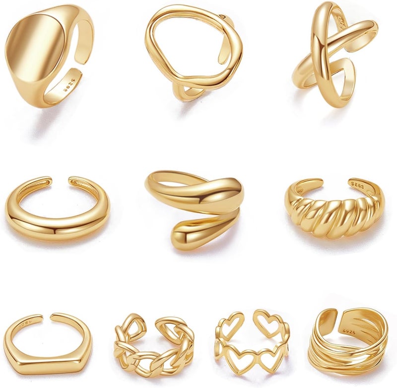MOROYA 10PCS Gold Dome Chunky Rings for Women 18K Gold Plated Braided Twisted Round Signet Rings Adjustable Open Ring Band Statement Jewelry Size 7-9 - Image 1